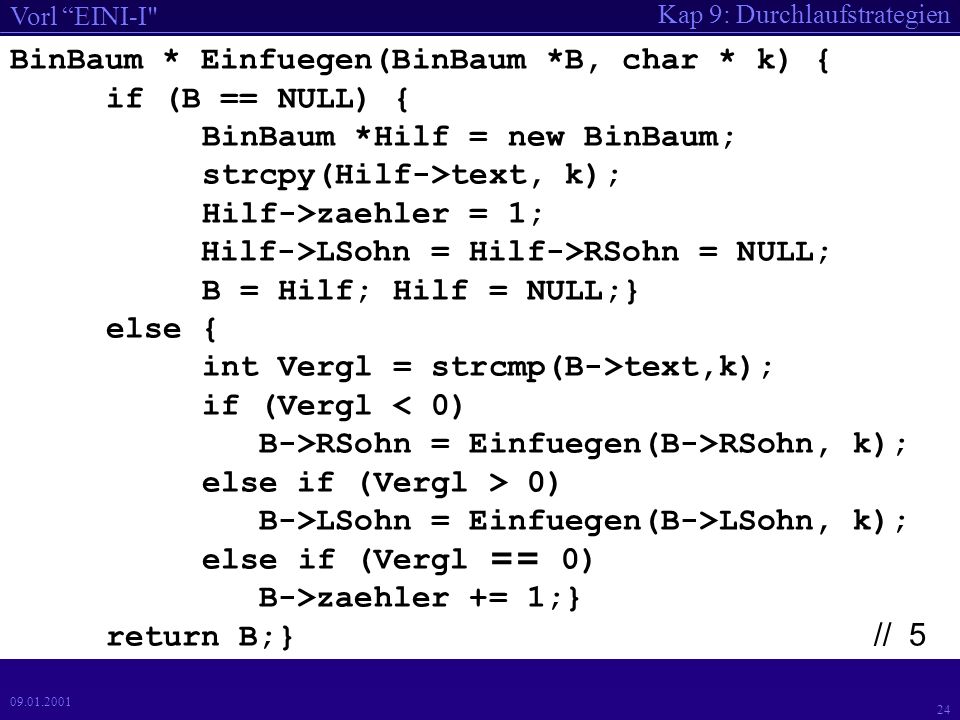 Kap 9: Durchlaufstrategien Vorl EINI-I BinBaum * Einlesen(ifstream *ein) { BinBaum *bst = NULL; char gelesen[maxLen]; *ein >> gelesen; while (!(*ein).eof()) { bst = Einfuegen(bst, gelesen); *ein >> gelesen; }; return bst; } // 4