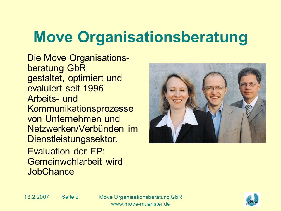 Move Organisationsberatung GbR   Seite 2 Move Organisationsberatung Die Move Organisations- beratung GbR gestaltet, optimiert und evaluiert seit 1996 Arbeits- und Kommunikationsprozesse von Unternehmen und Netzwerken/Verbünden im Dienstleistungssektor.