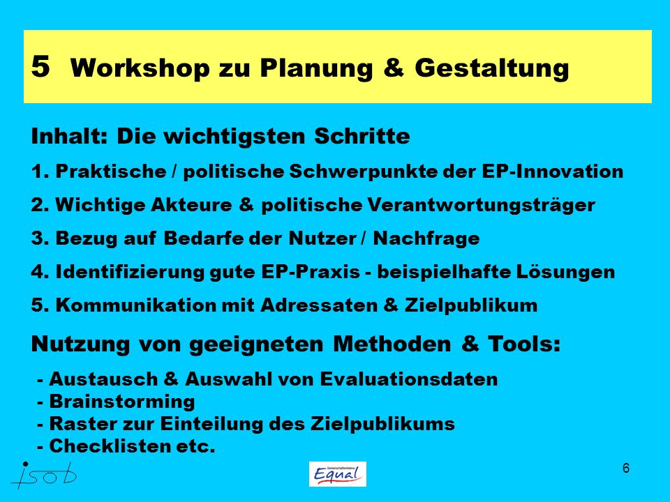 6 5 Workshop zu Planung & Gestaltung Inhalt: Die wichtigsten Schritte 1.