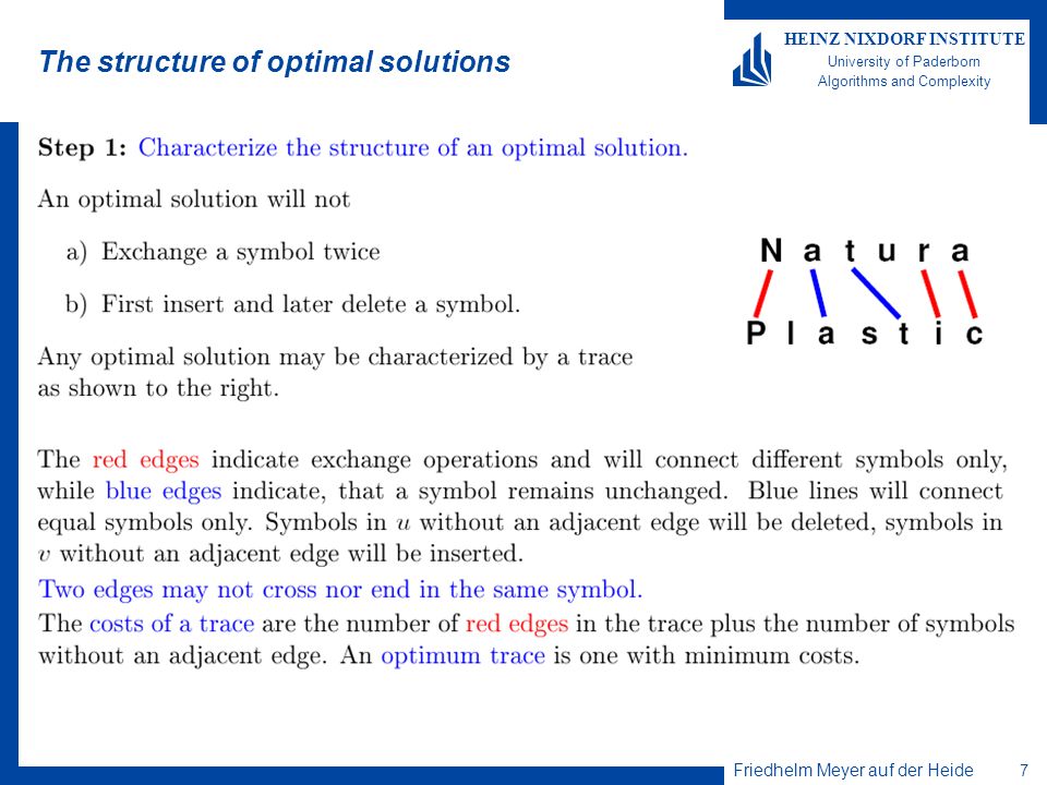 Friedhelm Meyer auf der Heide 7 HEINZ NIXDORF INSTITUTE University of Paderborn Algorithms and Complexity The structure of optimal solutions