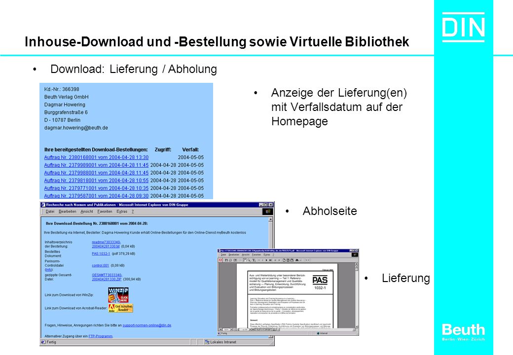 Inhouse-Download und -Bestellung sowie Virtuelle Bibliothek Anzeige der Lieferung(en) mit Verfallsdatum auf der Homepage Download: Lieferung / Abholung Abholseite Lieferung