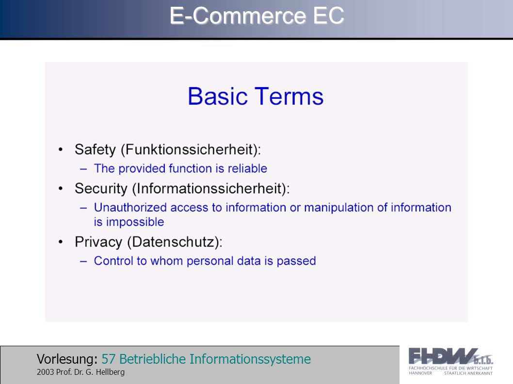 Vorlesung: 57 Betriebliche Informationssysteme 2003 Prof. Dr. G. Hellberg E-Commerce EC