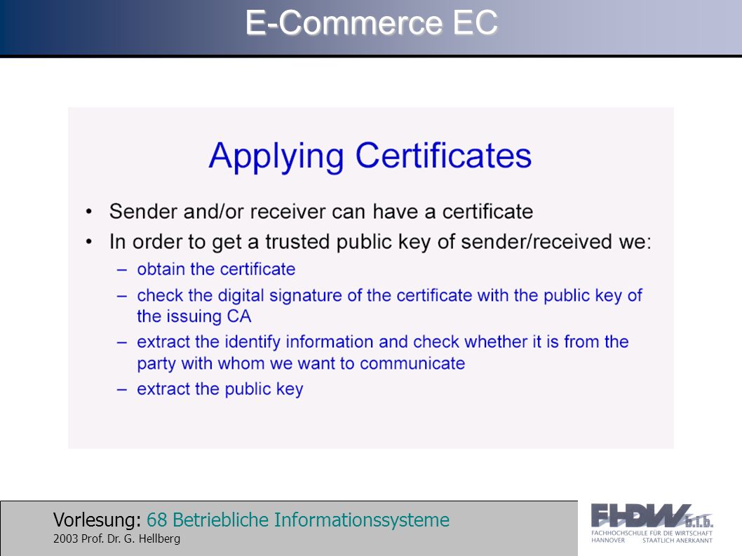 Vorlesung: 68 Betriebliche Informationssysteme 2003 Prof. Dr. G. Hellberg E-Commerce EC