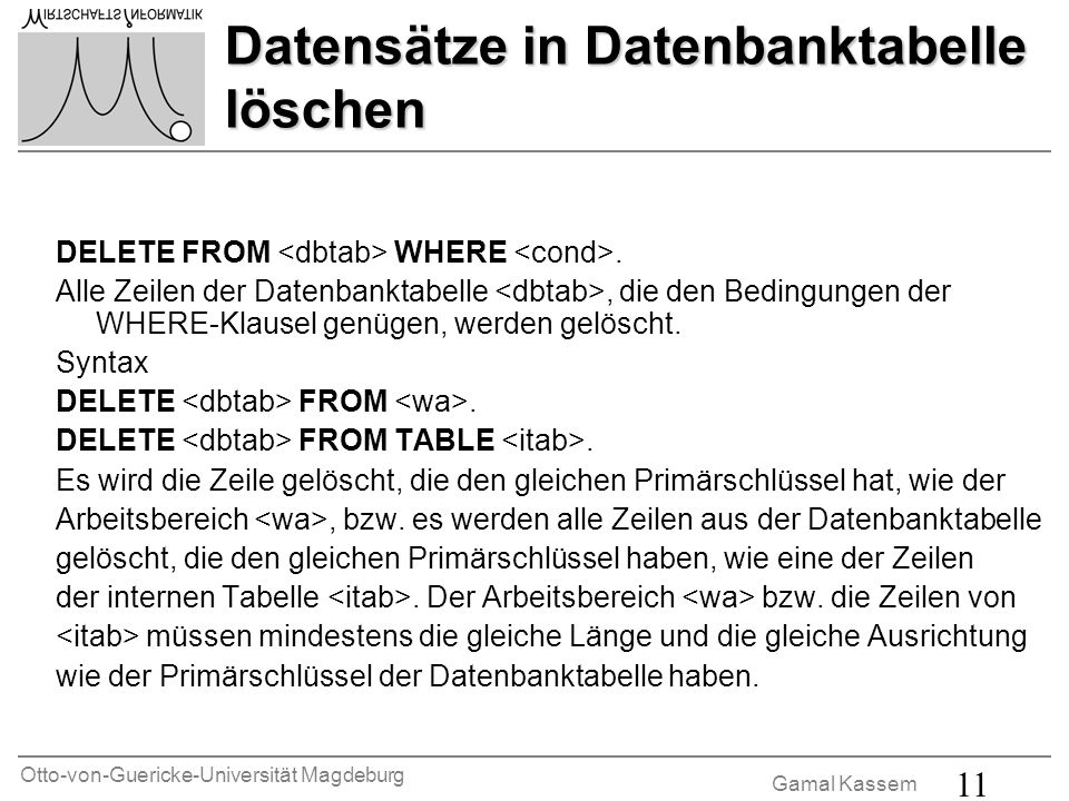 Otto-von-Guericke-Universität Magdeburg Gamal Kassem 11 Datensätze in Datenbanktabelle löschen DELETE FROM WHERE.