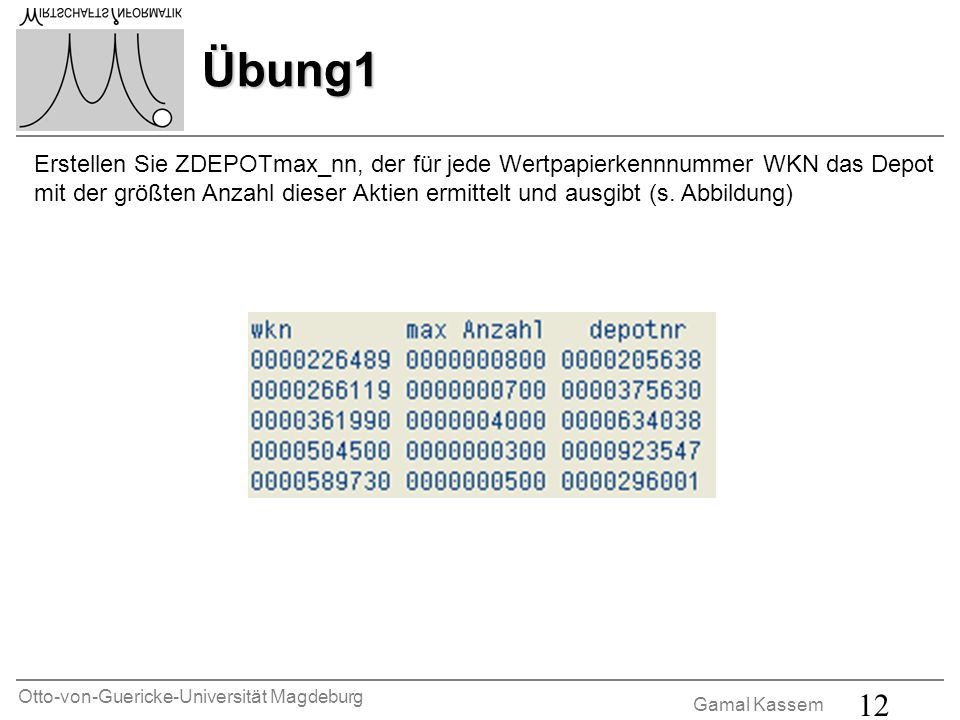 Otto-von-Guericke-Universität Magdeburg Gamal Kassem 12 Übung1 Erstellen Sie ZDEPOTmax_nn, der für jede Wertpapierkennnummer WKN das Depot mit der größten Anzahl dieser Aktien ermittelt und ausgibt (s.