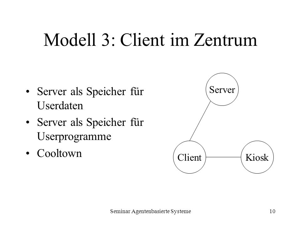 Seminar Agentenbasierte Systeme10 Modell 3: Client im Zentrum Server als Speicher für Userdaten Server als Speicher für Userprogramme Cooltown Server KioskClient