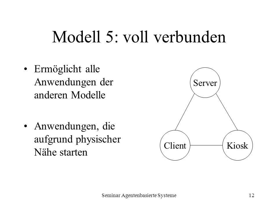 Seminar Agentenbasierte Systeme12 Modell 5: voll verbunden Ermöglicht alle Anwendungen der anderen Modelle Anwendungen, die aufgrund physischer Nähe starten Server KioskClient