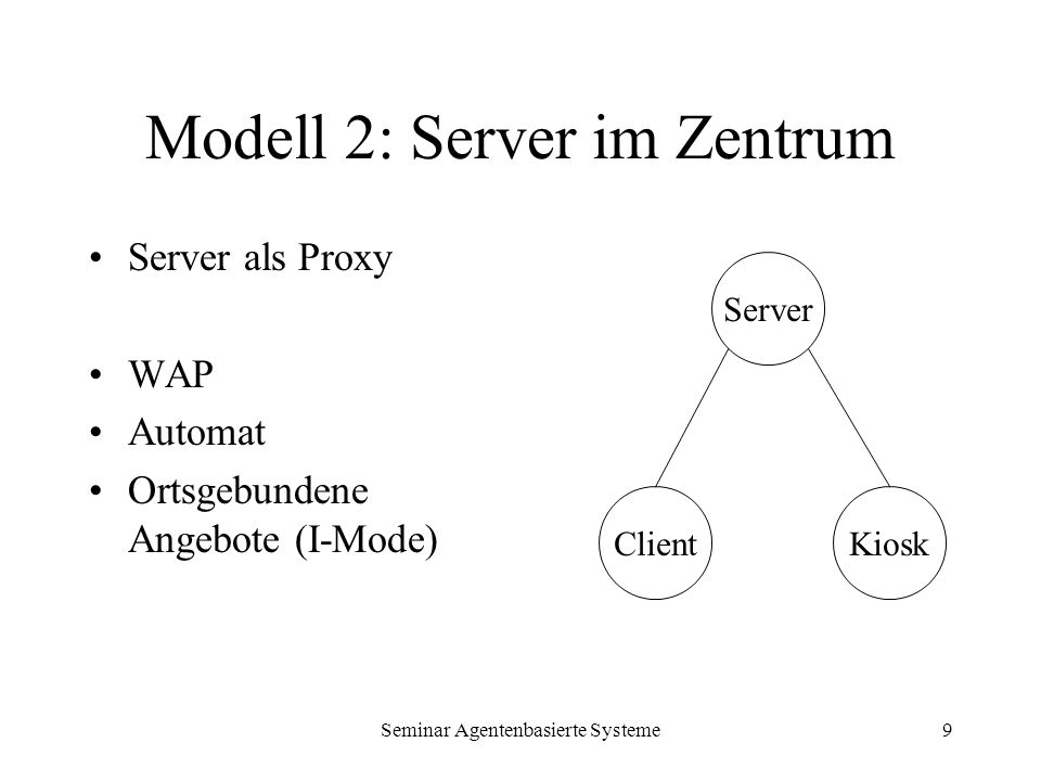 Seminar Agentenbasierte Systeme9 Modell 2: Server im Zentrum Server als Proxy WAP Automat Ortsgebundene Angebote (I-Mode) Server KioskClient