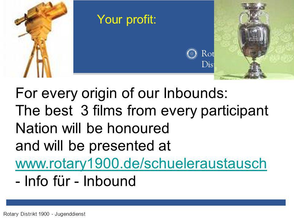 Rotary Distrikt Jugenddienst Your profit: For every origin of our Inbounds: The best 3 films from every participant Nation will be honoured and will be presented at   - Info für - Inbound