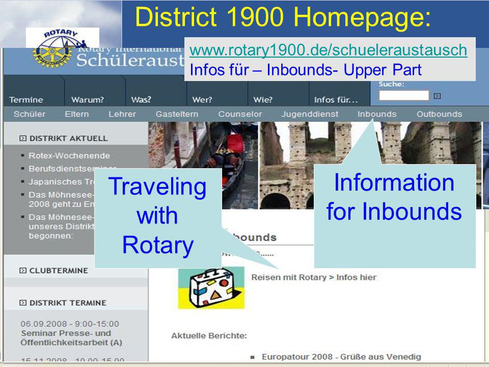 Rotary Distrikt Jugenddienst District 1900 Homepage: Information for Inbounds Traveling with Rotary   Infos für – Inbounds- Upper Part