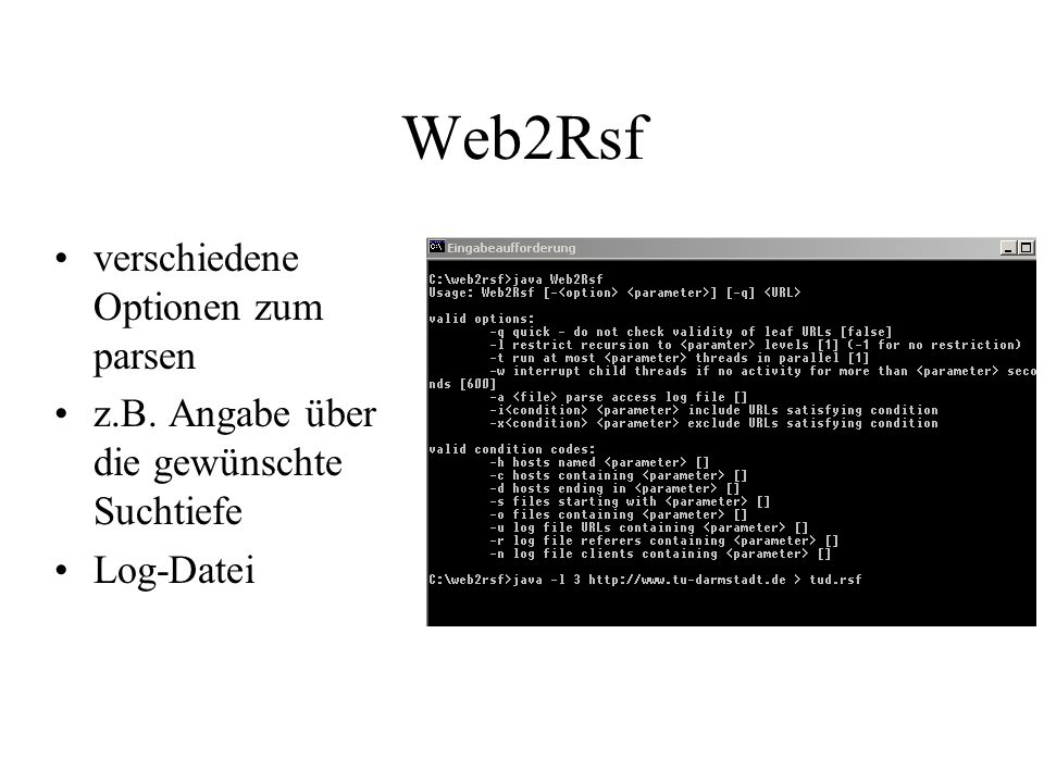 Web2Rsf verschiedene Optionen zum parsen z.B. Angabe über die gewünschte Suchtiefe Log-Datei