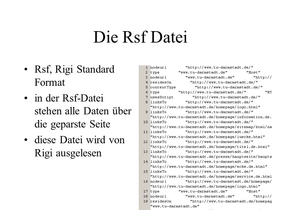 Die Rsf Datei Rsf, Rigi Standard Format in der Rsf-Datei stehen alle Daten über die geparste Seite diese Datei wird von Rigi ausgelesen