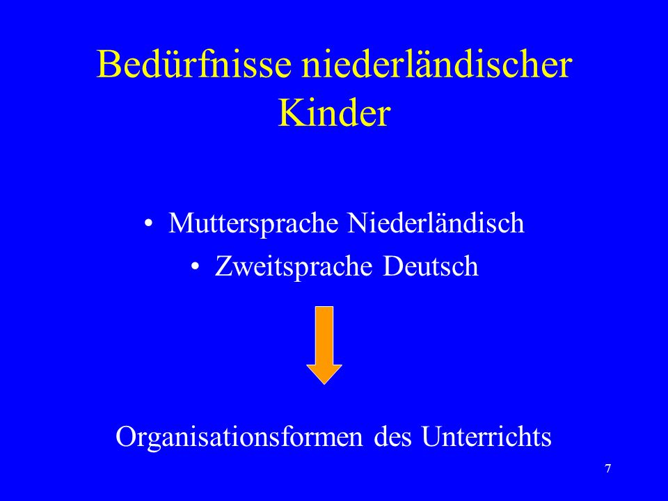 7 Bedürfnisse niederländischer Kinder Muttersprache Niederländisch Zweitsprache Deutsch Organisationsformen des Unterrichts