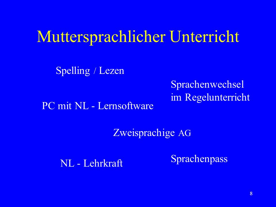 8 Muttersprachlicher Unterricht Spelling / Lezen Sprachenwechsel im Regelunterricht PC mit NL - Lernsoftware Zweisprachige AG Sprachenpass NL - Lehrkraft