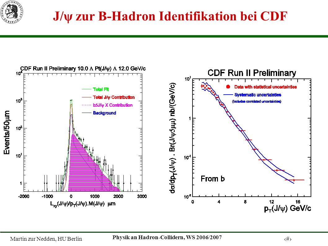 Martin zur Nedden, HU Berlin 10 Physik an Hadron-Collidern, WS 2006/2007 J/ψ zur B-Hadron Identifikation bei CDF