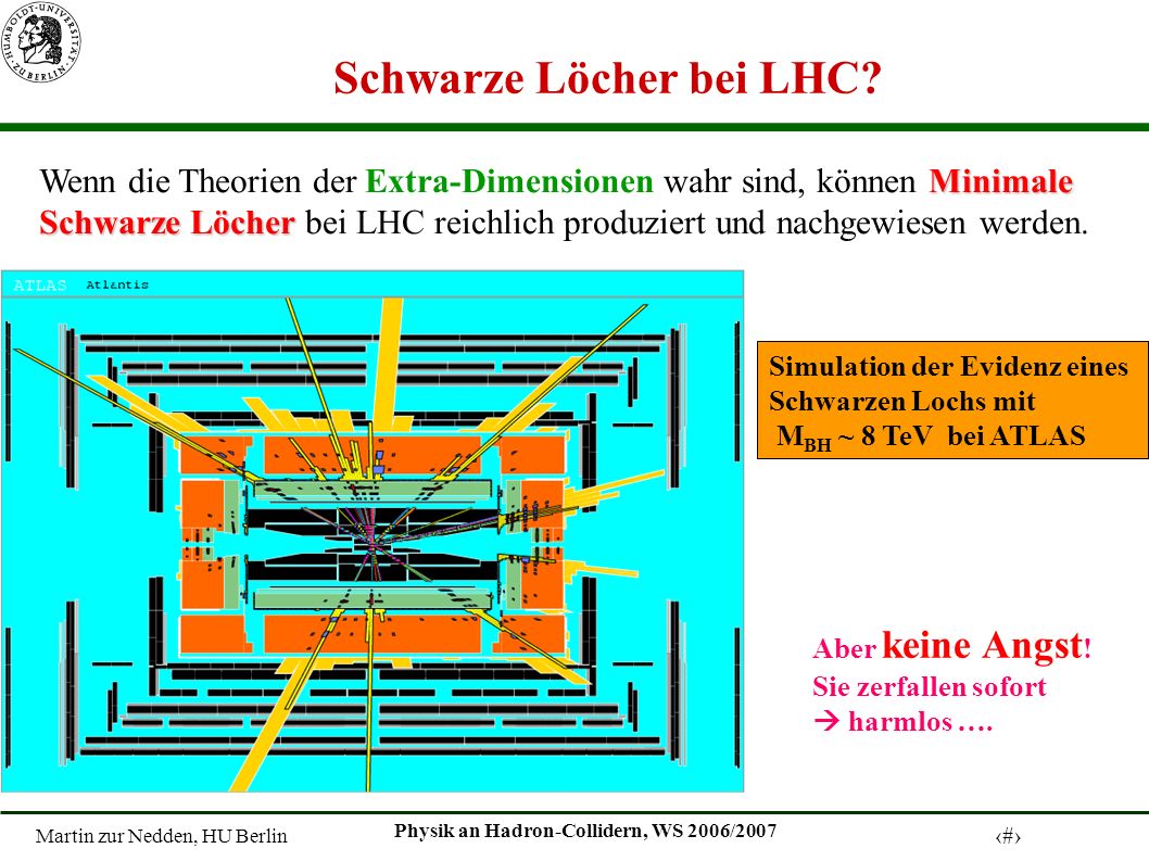 Martin zur Nedden, HU Berlin 18 Physik an Hadron-Collidern, WS 2006/2007 Simulation der Evidenz eines Schwarzen Lochs mit M BH ~ 8 TeV bei ATLAS Minimale Wenn die Theorien der Extra-Dimensionen wahr sind, können Minimale Schwarze Löcher Schwarze Löcher bei LHC reichlich produziert und nachgewiesen werden.