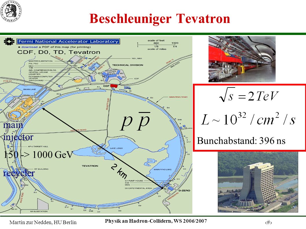Martin zur Nedden, HU Berlin 3 Physik an Hadron-Collidern, WS 2006/2007 Beschleuniger Tevatron 150 -> 1000 GeV main injector recycler 2 km Bunchabstand: 396 ns