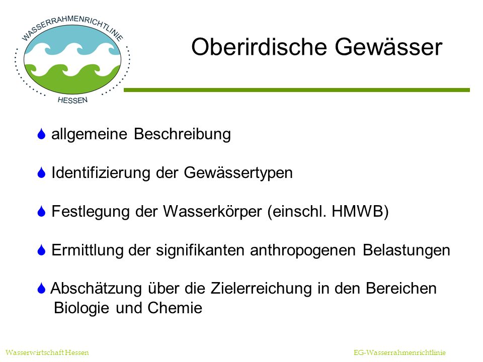 Oberirdische Gewässer Wasserwirtschaft Hessen EG-Wasserrahmenrichtlinie allgemeine Beschreibung Identifizierung der Gewässertypen Festlegung der Wasserkörper (einschl.