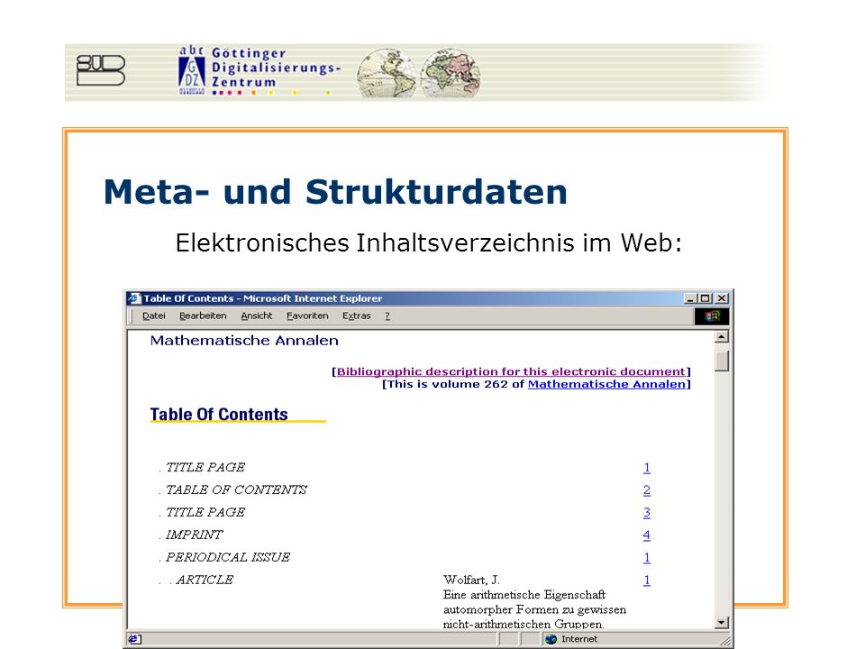 Meta- und Strukturdaten Elektronisches Inhaltsverzeichnis im Web: