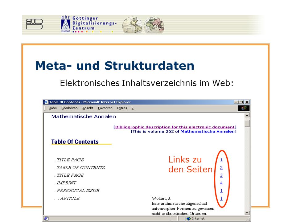 Meta- und Strukturdaten Elektronisches Inhaltsverzeichnis im Web: Links zu den Seiten