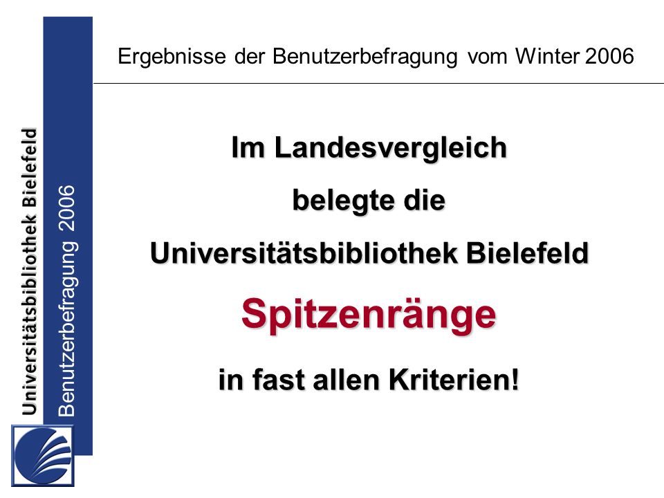Benutzerbefragung 2006 Ergebnisse der Benutzerbefragung vom Winter 2006 Im Landesvergleich belegte die Universitätsbibliothek Bielefeld Spitzenränge in fast allen Kriterien!