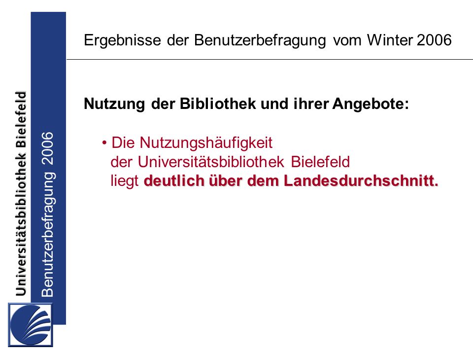 Benutzerbefragung 2006 Ergebnisse der Benutzerbefragung vom Winter 2006 Nutzung der Bibliothek und ihrer Angebote: Die Nutzungshäufigkeit der Universitätsbibliothek Bielefeld deutlich über dem Landesdurchschnitt.