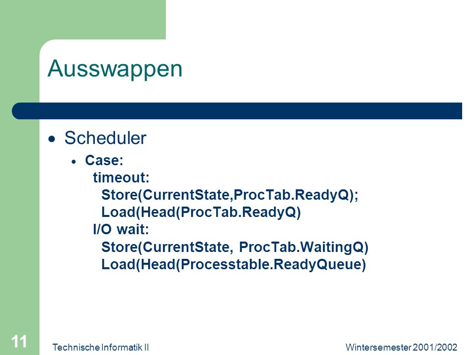 Wintersemester 2001/2002Technische Informatik II 11 Ausswappen Scheduler Case: timeout: Store(CurrentState,ProcTab.ReadyQ); Load(Head(ProcTab.ReadyQ) I/O wait: Store(CurrentState, ProcTab.WaitingQ) Load(Head(Processtable.ReadyQueue)