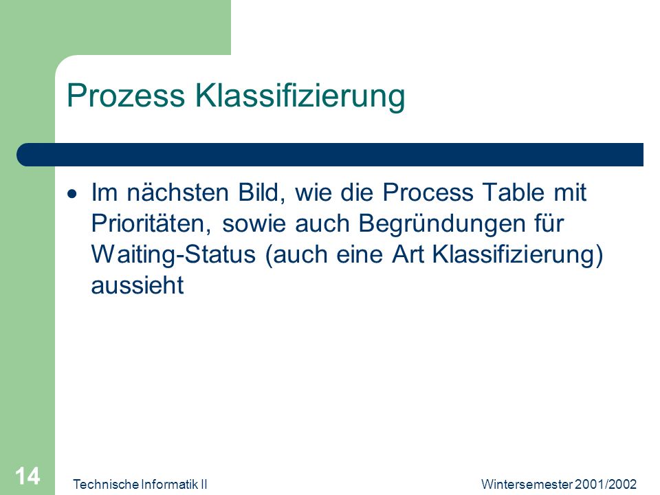 Wintersemester 2001/2002Technische Informatik II 14 Prozess Klassifizierung Im nächsten Bild, wie die Process Table mit Prioritäten, sowie auch Begründungen für Waiting-Status (auch eine Art Klassifizierung) aussieht