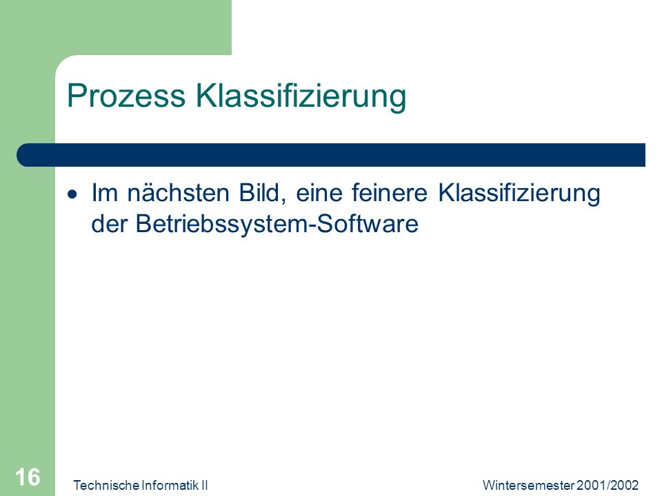 Wintersemester 2001/2002Technische Informatik II 16 Prozess Klassifizierung Im nächsten Bild, eine feinere Klassifizierung der Betriebssystem-Software