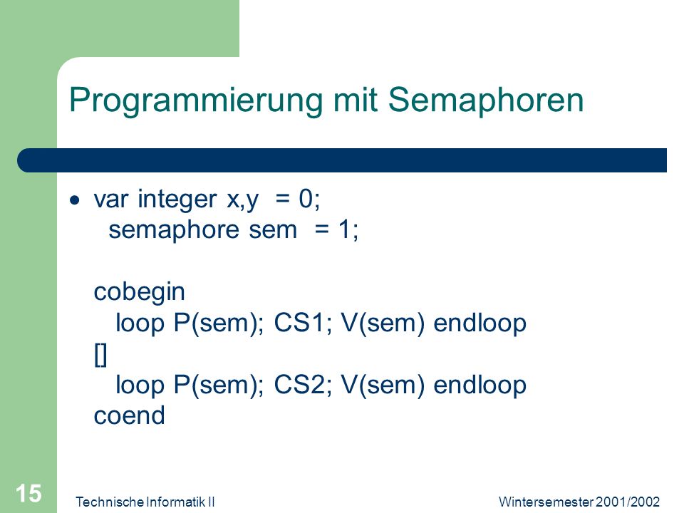 Wintersemester 2001/2002Technische Informatik II 15 Programmierung mit Semaphoren var integer x,y = 0; semaphore sem = 1; cobegin loop P(sem); CS1; V(sem) endloop [] loop P(sem); CS2; V(sem) endloop coend