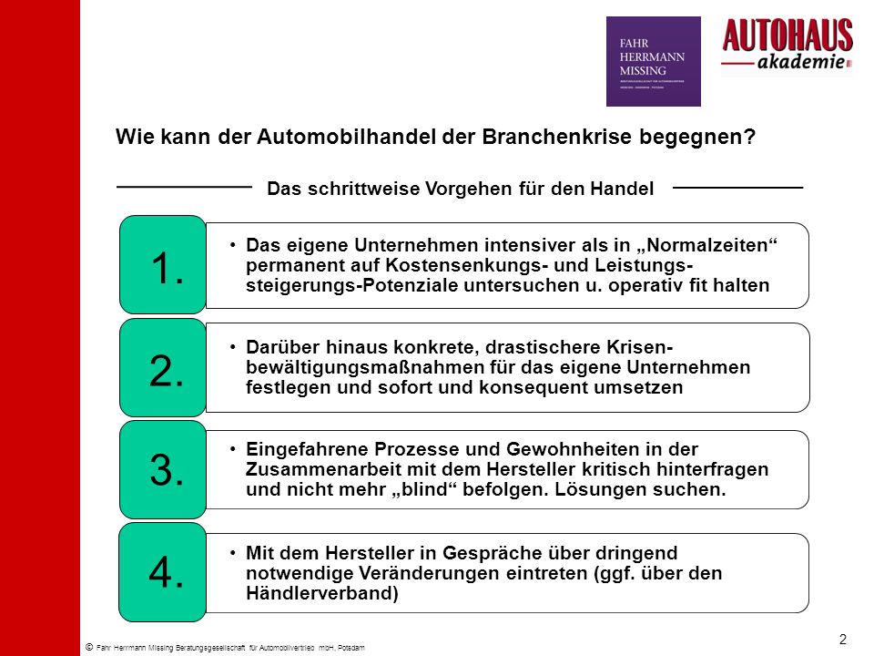 © Fahr Herrmann Missing Beratungsgesellschaft für Automobilvertrieb mbH, Potsdam Wie kann der Automobilhandel der Branchenkrise begegnen.