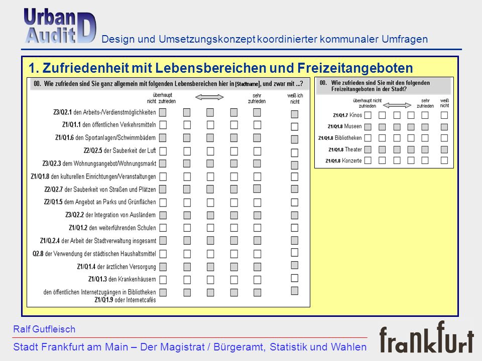 ___________________________________________________________ Stadt Frankfurt am Main – Der Magistrat / Bürgeramt, Statistik und Wahlen Ralf Gutfleisch Design und Umsetzungskonzept koordinierter kommunaler Umfragen 1.