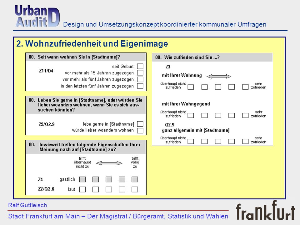 ___________________________________________________________ Stadt Frankfurt am Main – Der Magistrat / Bürgeramt, Statistik und Wahlen Ralf Gutfleisch Design und Umsetzungskonzept koordinierter kommunaler Umfragen 2.