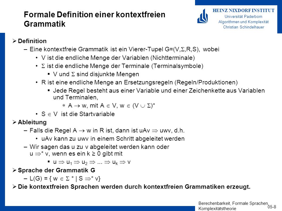 Berechenbarkeit, Formale Sprachen, Komplexitätstheorie 05-8 HEINZ NIXDORF INSTITUT Universität Paderborn Algorithmen und Komplexität Christian Schindelhauer Formale Definition einer kontextfreien Grammatik Definition –Eine kontextfreie Grammatik ist ein Vierer-Tupel G=(V,,R,S), wobei V ist die endliche Menge der Variablen (Nichtterminale) ist die endliche Menge der Terminale (Terminalsymbole) V und sind disjunkte Mengen R ist eine endliche Menge an Ersetzungsregeln (Regeln/Produktionen) Jede Regel besteht aus einer Variable und einer Zeichenkette aus Variablen und Terminalen, A w, mit A V, w (V )* S V ist die Startvariable Ableitung –Falls die Regel A w in R ist, dann ist uAv uwv, d.h.