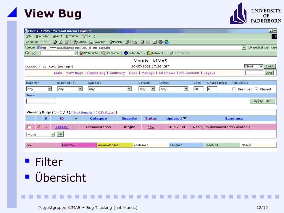 12/19 UNIVERSITY OF PADERBORN Projektgruppe KIMAS – Bug Tracking (mit Mantis) View Bug Filter Übersicht