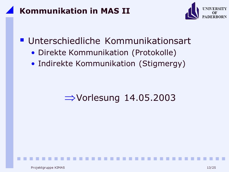 13/25 UNIVERSITY OF PADERBORN Projektgruppe KIMAS Kommunikation in MAS II Unterschiedliche Kommunikationsart Direkte Kommunikation (Protokolle) Indirekte Kommunikation (Stigmergy) Vorlesung