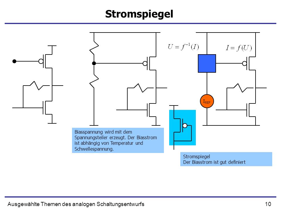 10Ausgewählte Themen des analogen Schaltungsentwurfs Stromspiegel I REF Biasspannung wird mit dem Spannungsteiler erzeugt.