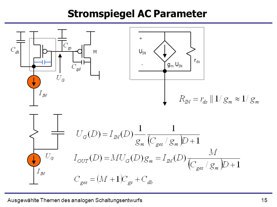 15Ausgewählte Themen des analogen Schaltungsentwurfs Stromspiegel AC Parameter + g m U IN - U IN r ds M