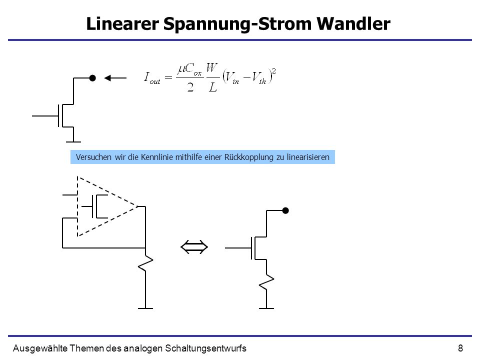8Ausgewählte Themen des analogen Schaltungsentwurfs Linearer Spannung-Strom Wandler Versuchen wir die Kennlinie mithilfe einer Rückkopplung zu linearisieren