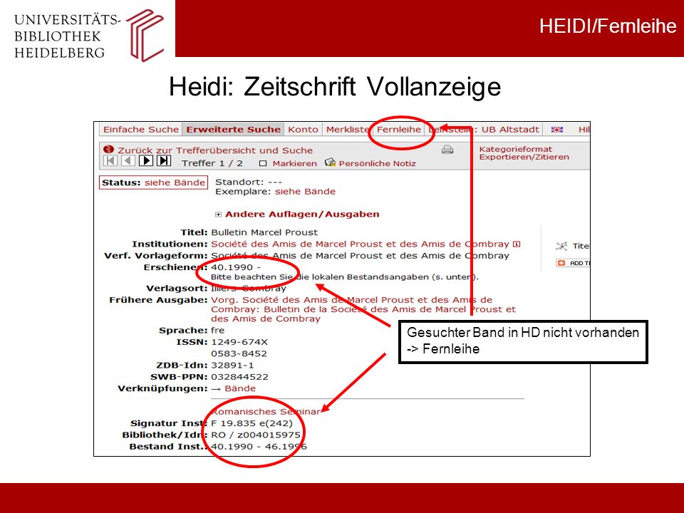 Heidi: Zeitschrift Vollanzeige HEIDI/Fernleihe Gesuchter Band in HD nicht vorhanden -> Fernleihe