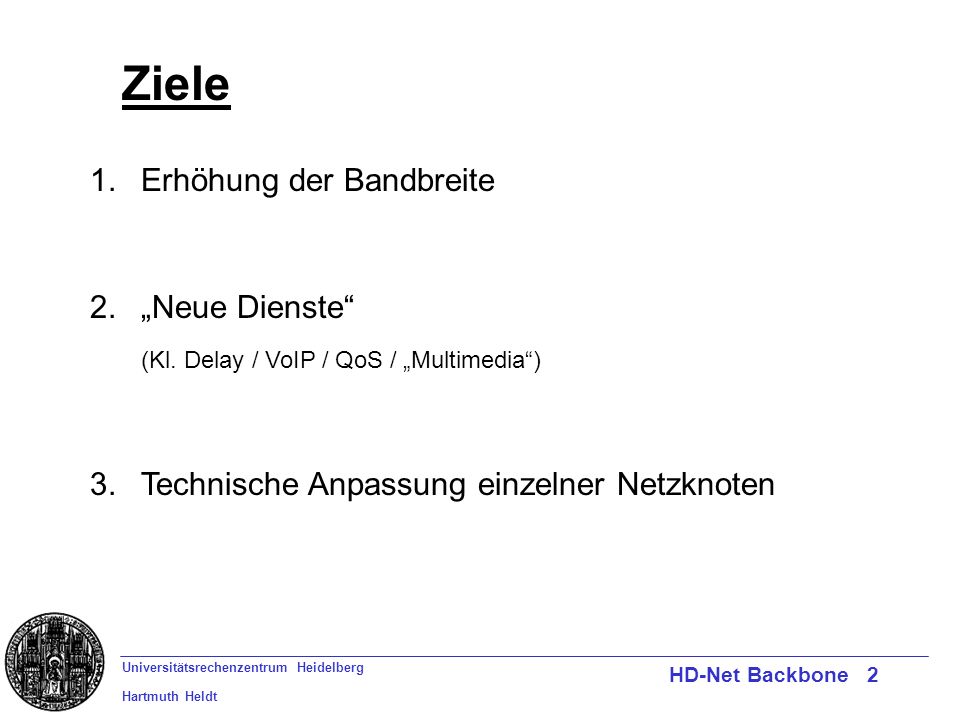 Universitätsrechenzentrum Heidelberg Hartmuth Heldt HD-Net Backbone 2 1.Erhöhung der Bandbreite 2.Neue Dienste (Kl.
