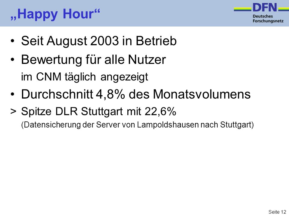 Seite 12 Happy Hour Seit August 2003 in Betrieb Bewertung für alle Nutzer im CNM täglich angezeigt Durchschnitt 4,8% des Monatsvolumens >Spitze DLR Stuttgart mit 22,6% (Datensicherung der Server von Lampoldshausen nach Stuttgart)