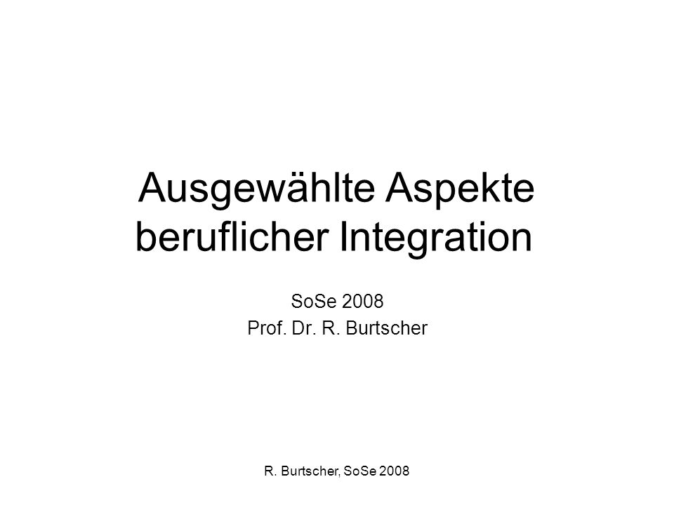 R. Burtscher, SoSe 2008 Ausgewählte Aspekte beruflicher Integration SoSe 2008 Prof.