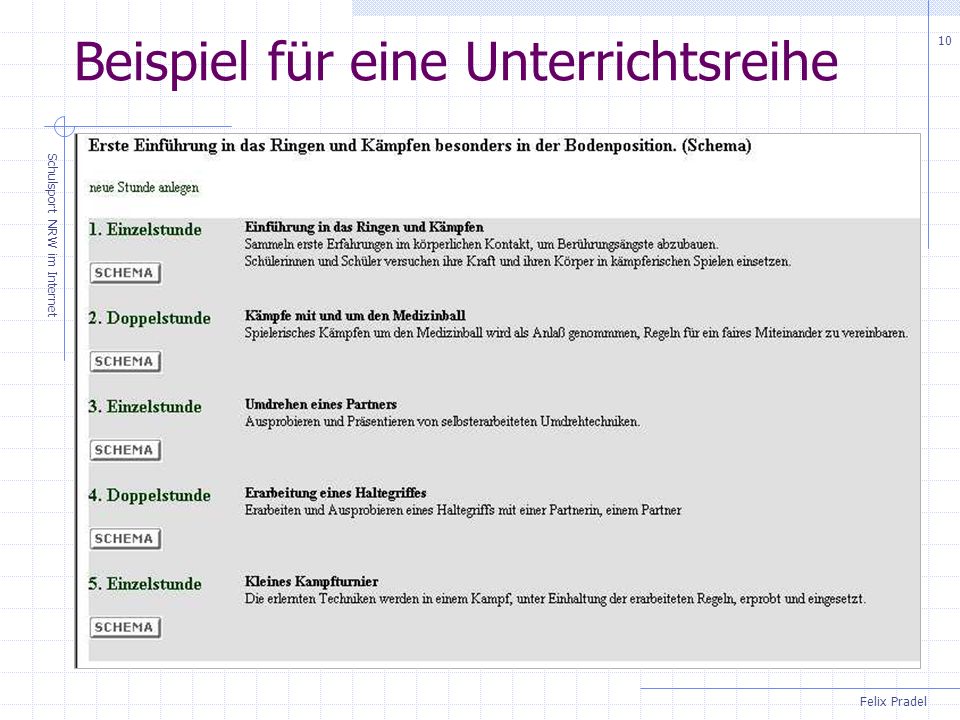 Felix Pradel Schulsport NRW im Internet 10 Beispiel für eine Unterrichtsreihe