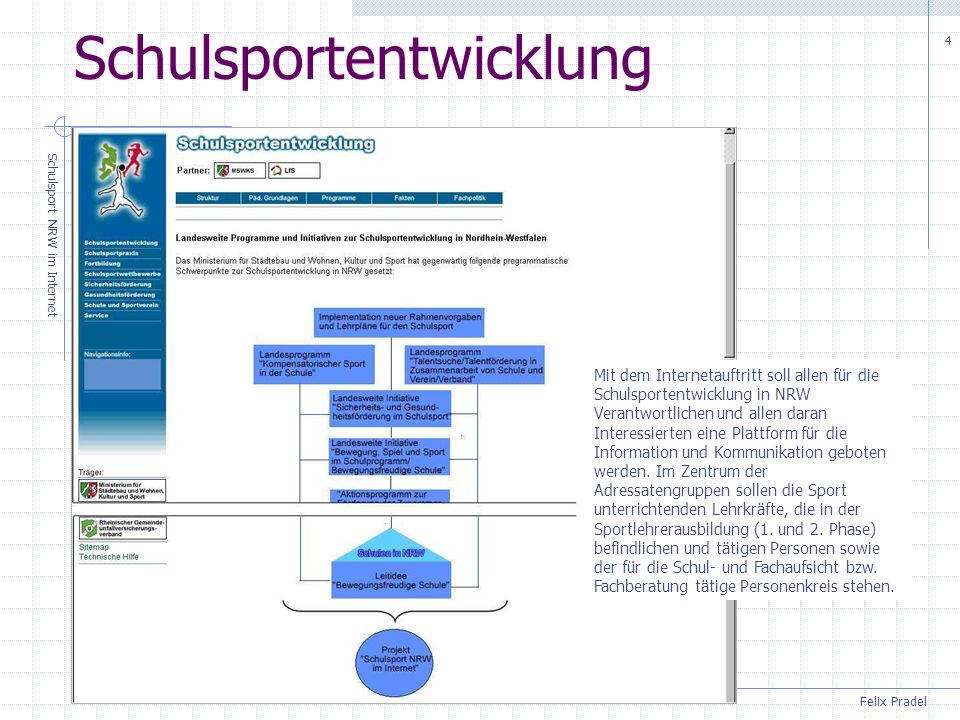 Felix Pradel Schulsport NRW im Internet 4 Schulsportentwicklung Mit dem Internetauftritt soll allen für die Schulsportentwicklung in NRW Verantwortlichen und allen daran Interessierten eine Plattform für die Information und Kommunikation geboten werden.