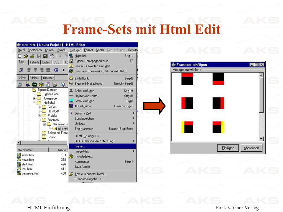 Park Körner VerlagHTML Einführung Frame-Sets mit Html Edit