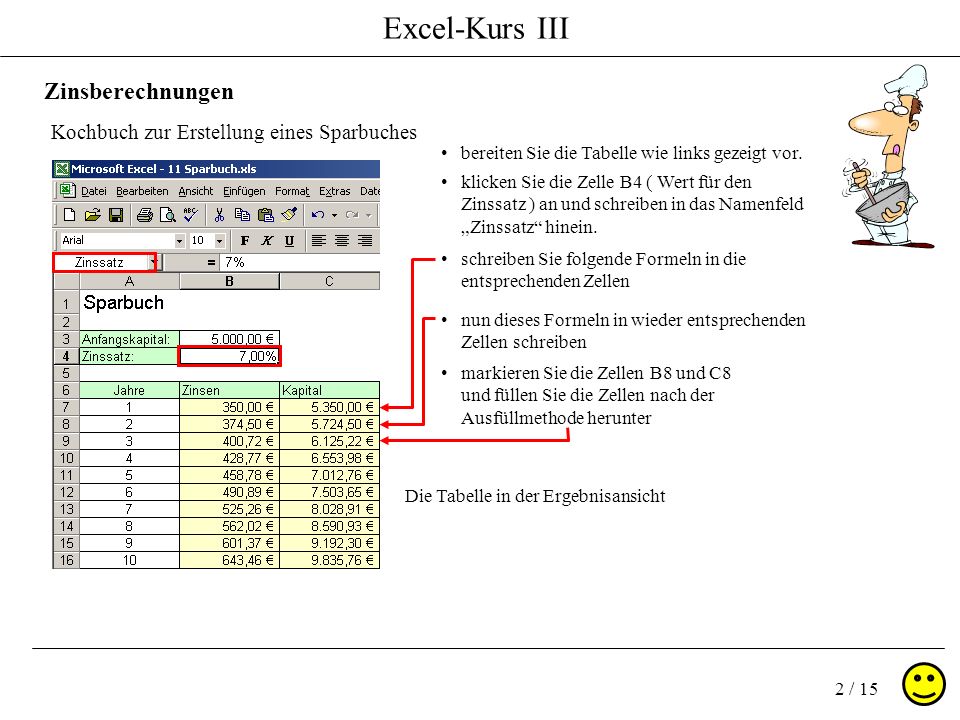 Excel-Kurs III 2 / 15 Zinsberechnungen Kochbuch zur Erstellung eines Sparbuches bereiten Sie die Tabelle wie links gezeigt vor.