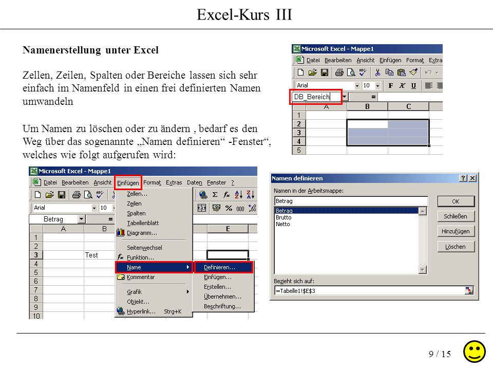 Excel-Kurs III 9 / 15 Namenerstellung unter Excel Zellen, Zeilen, Spalten oder Bereiche lassen sich sehr einfach im Namenfeld in einen frei definierten Namen umwandeln Um Namen zu löschen oder zu ändern, bedarf es den Weg über das sogenannte Namen definieren -Fenster, welches wie folgt aufgerufen wird: