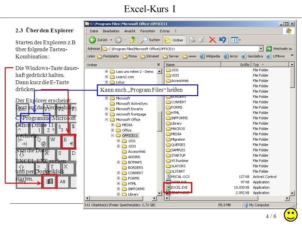 Excel-Kurs I 4 / Über den Explorer Starten des Explorers z.B über folgende Tasten- Kombination : Die Windows-Taste dauer- haft gedrückt halten.