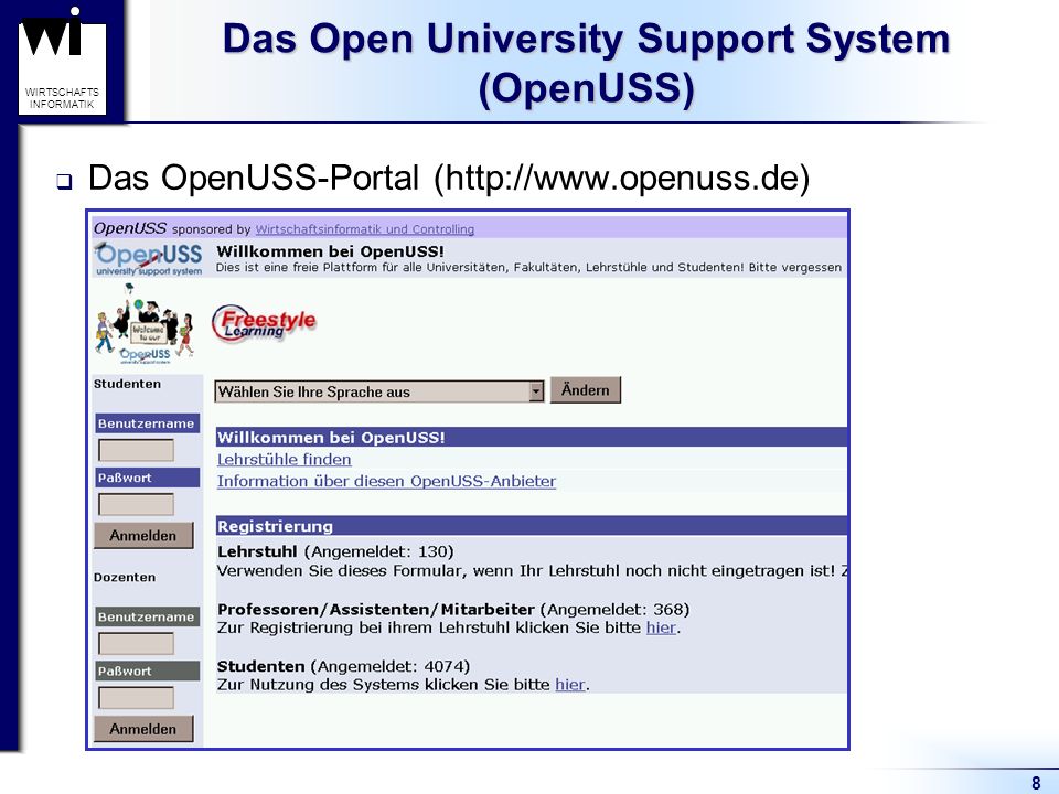 8 WIRTSCHAFTS INFORMATIK Das Open University Support System (OpenUSS) Das OpenUSS-Portal (